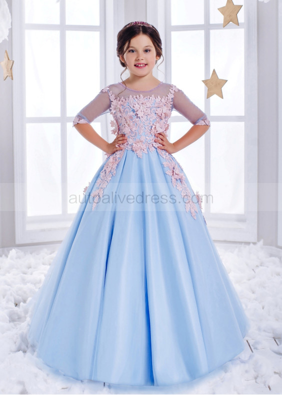 Elbow Sleeves Sky Blue Tulle Pink 3D Floral Appliques Flower Girl Dress